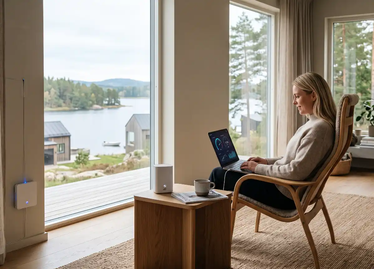 Kvinna som jämför hastighet på fiber och 5G med sin laptop