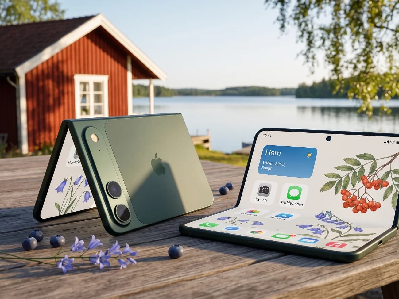 Exempel på hur en vikbar iPhone skulle kunna se ut liggandes på ett bord.