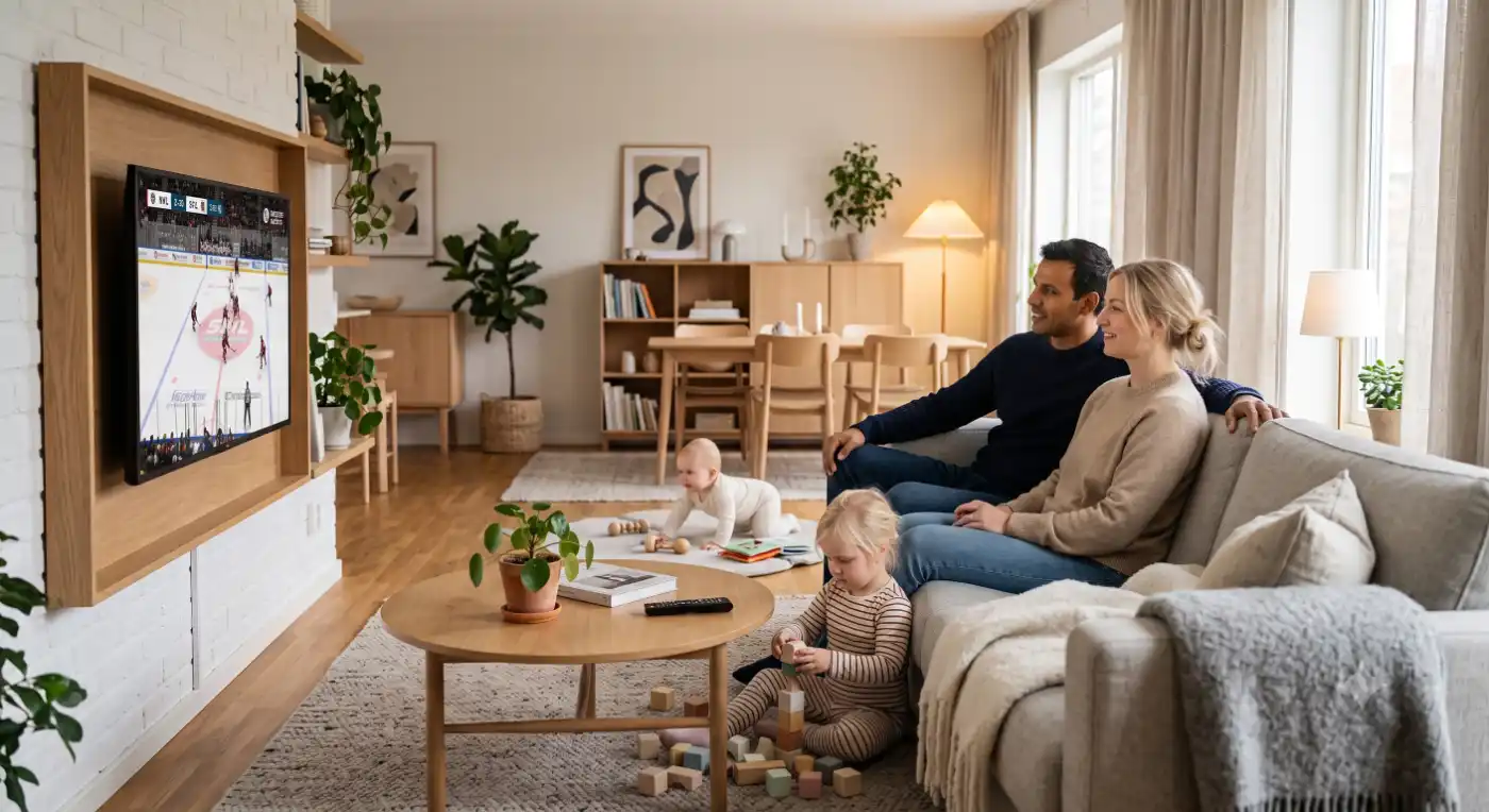 Ung familj som tittar på hockey