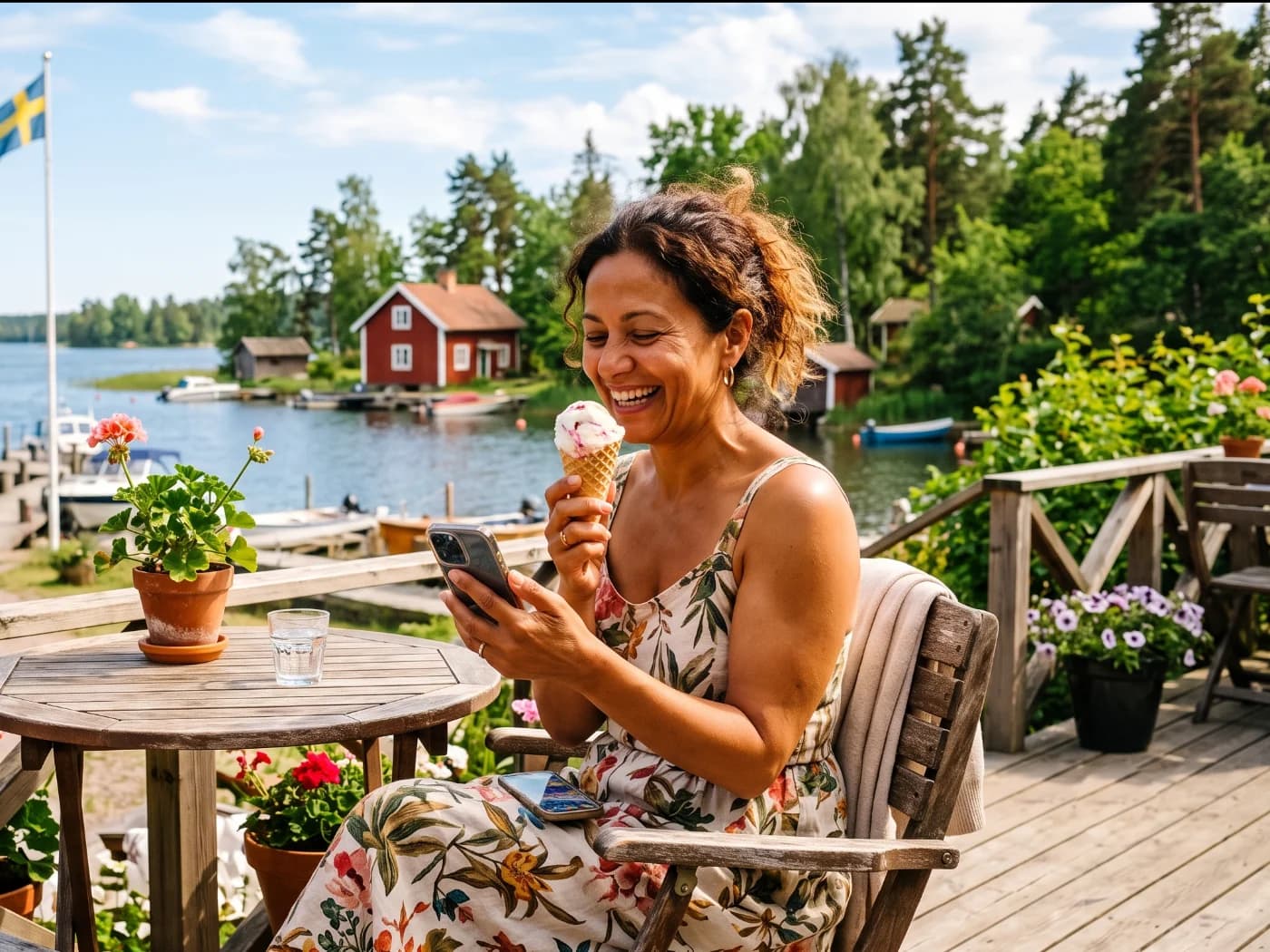 Kvinna äter glass utomhus på sommaren och tittar på sin mobil