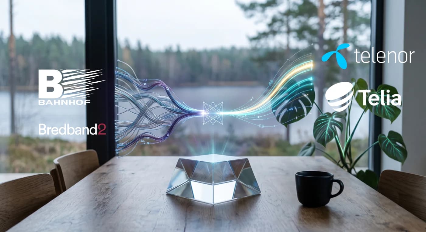 Loggor för Bahnhof, Bredband2, Telia och Telenor som illustrerar fusionen av Bahnhof in i Telenor samt Bredband2 in i Telia.