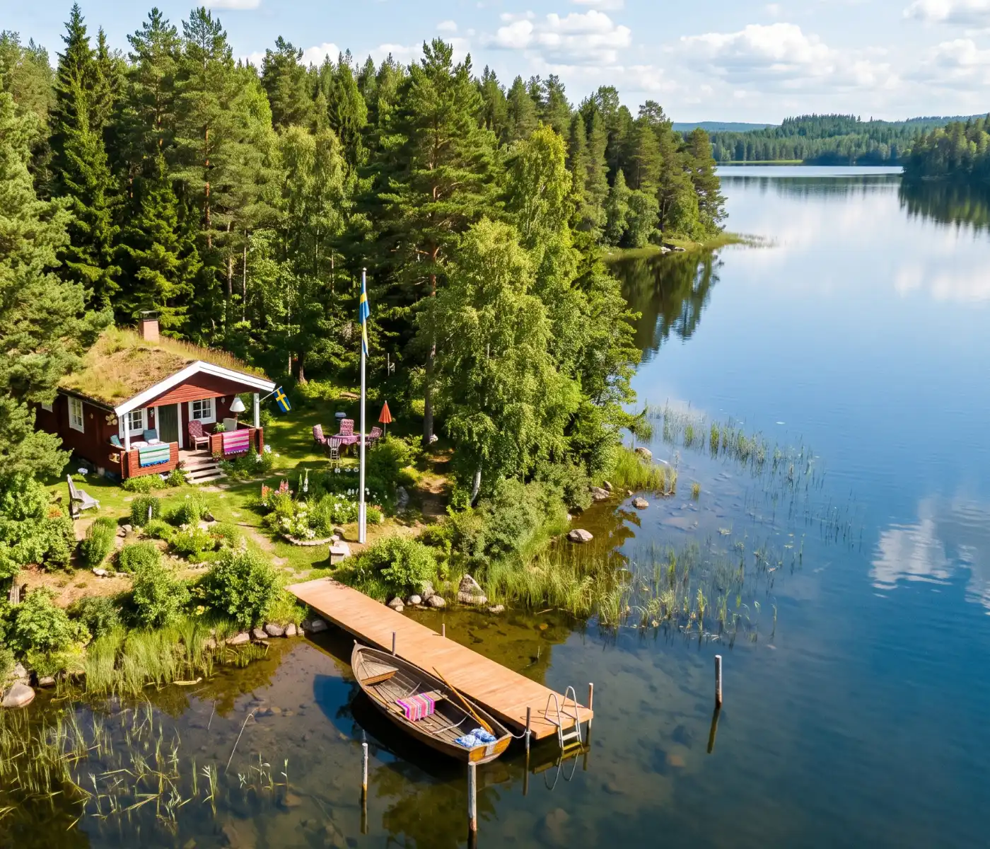 Bild på stuga vid sjö med grästak