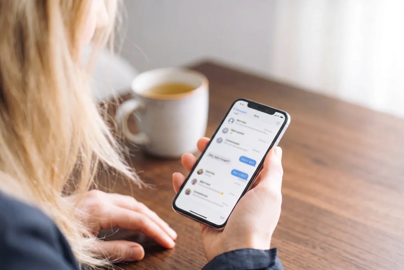 Kvinna som håller i en smartphone och läser SMS vid frukostbordet.