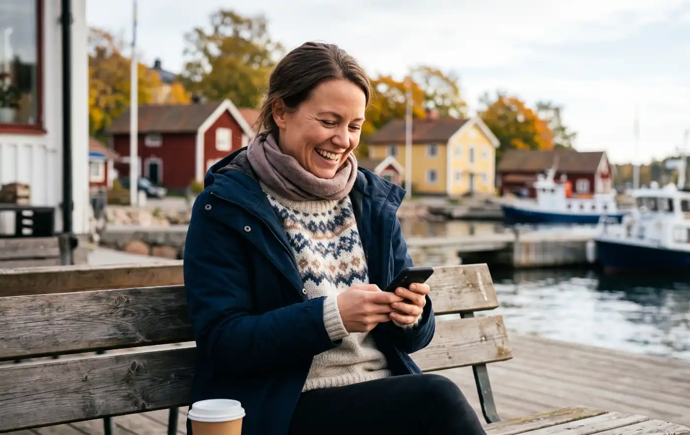 Glad kvinna i höstig utemiljö med smartphone i sin hand