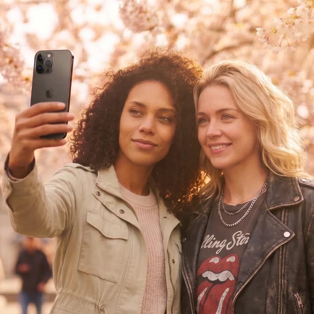 Två leende vänner tar selfie med en iPhone framför rosa körsbärsblommor i vårsolen