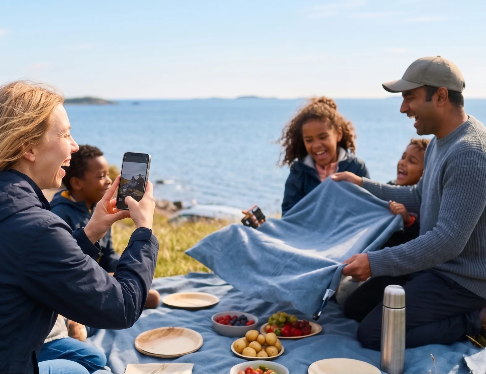Familj som har picnic vid en blåsig strand.