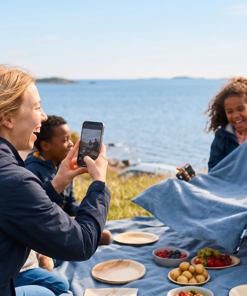 Familj som har picnic vid en blåsig strand.